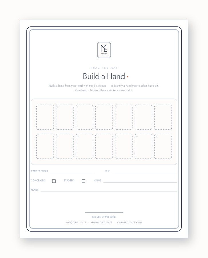 The Mahjong Edits Build-a-Hand Practice Mat — a printable with 14 tile slots