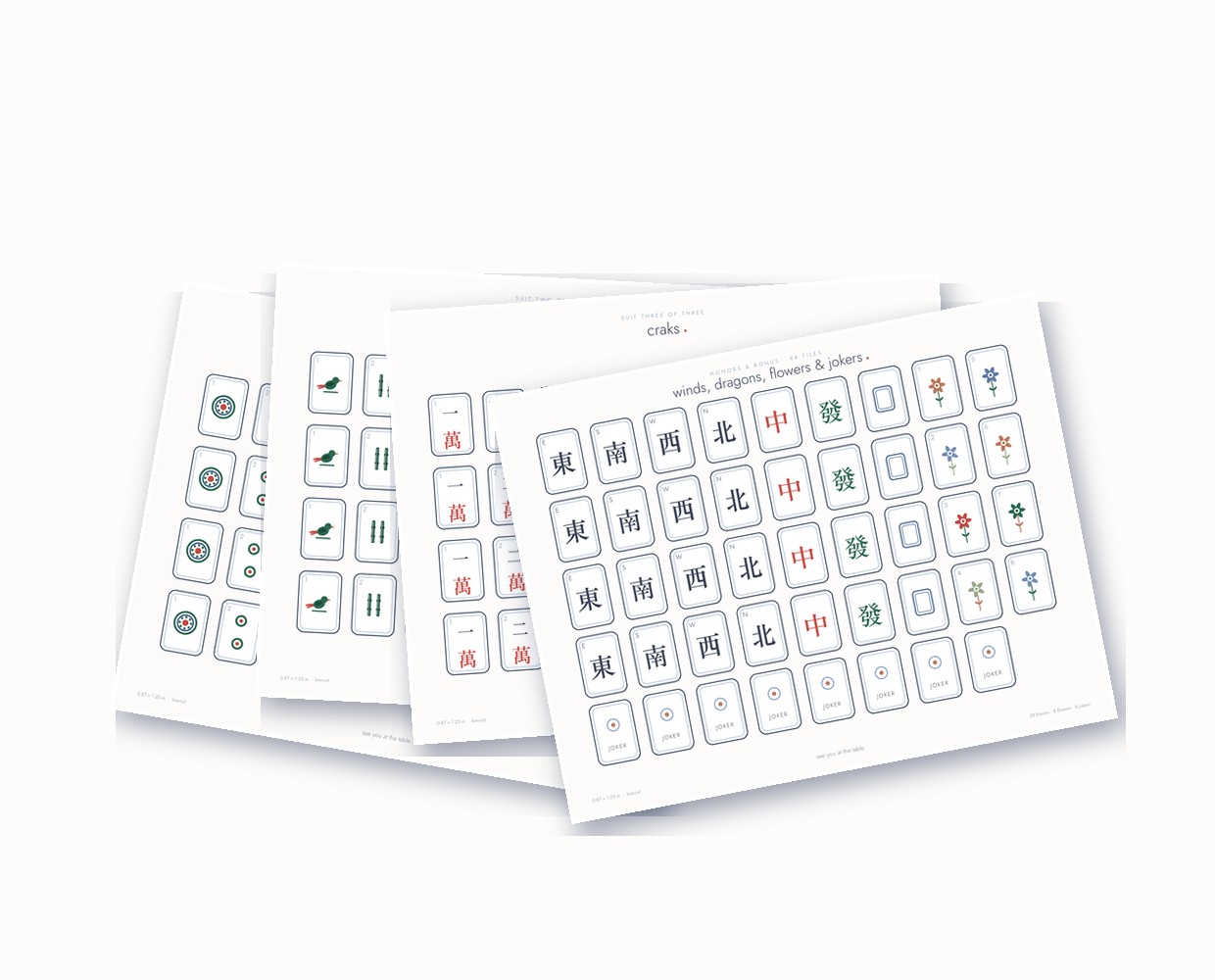 A fanned set of the four Mahjong Edits tile sticker sheets — dots, bams, craks, and honors and bonus